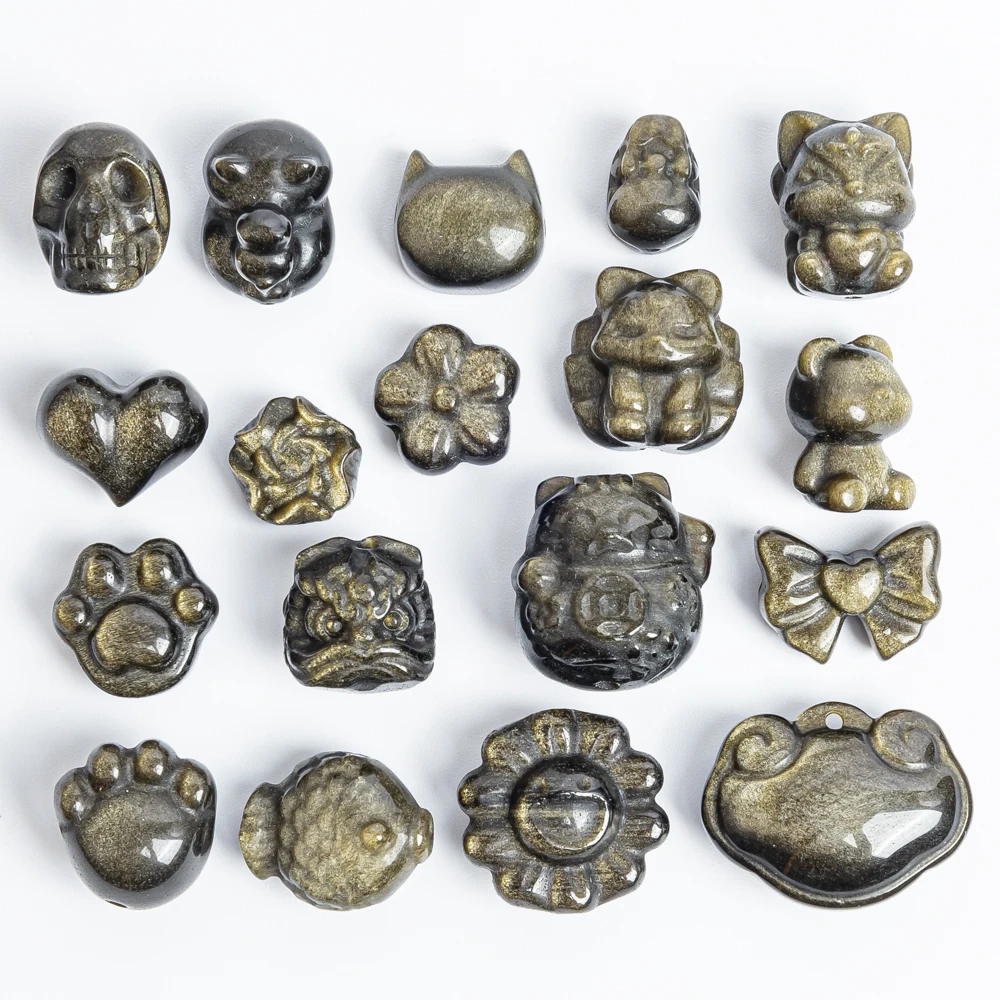 

5 Pcs Natural Golden Sheen Obsidian Crystal Carved Skull Fox Cat's Paw Pendant Healing Stone for Jewelry Making with Hole