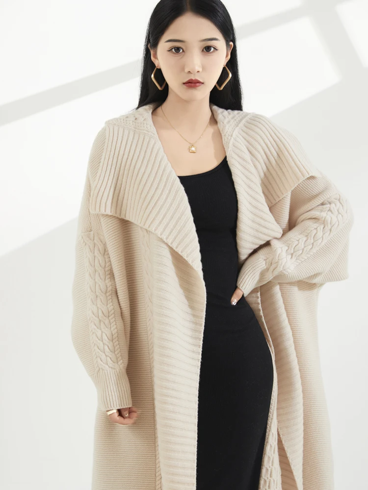 CAIXINGLE 2023 Large Lapel Women's Coat Pure Wool Knit Cardigan Long Beige Elegant All-Match Women's Coat Loose and Comfortable