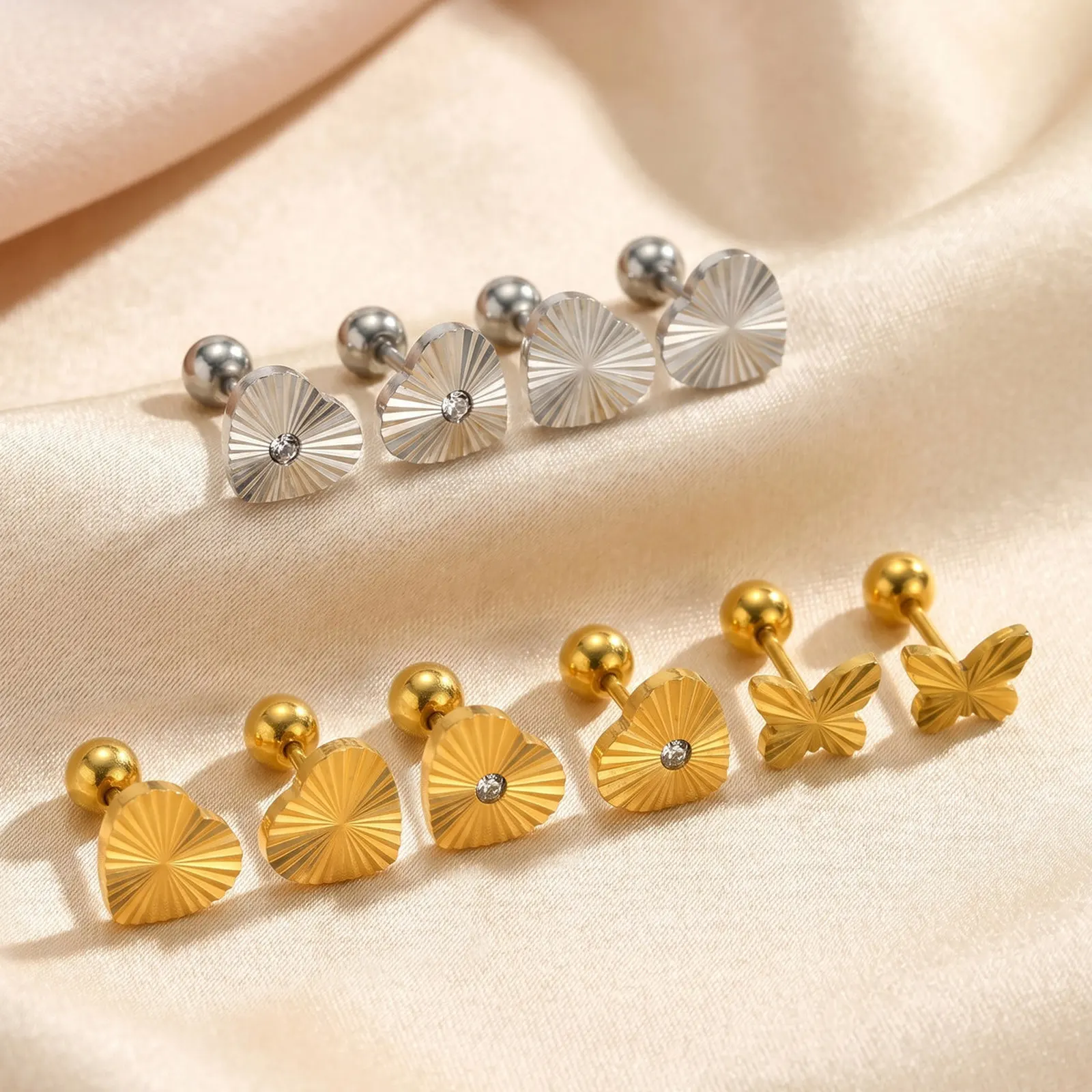 Classic Textured Heart Zircon Stud Earrings for Women Minimalist 18K Gold Plated Stainless Steel Ear Jewelry