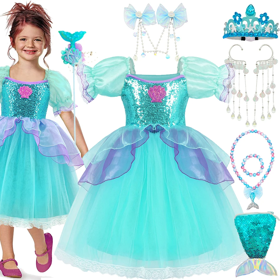 Girl Princess Ariel Dress Little Mermaid Cosplay Costume Halloween Theme Outfit Fluffy Sequin Tulle Frock Birthday Surprise Gift