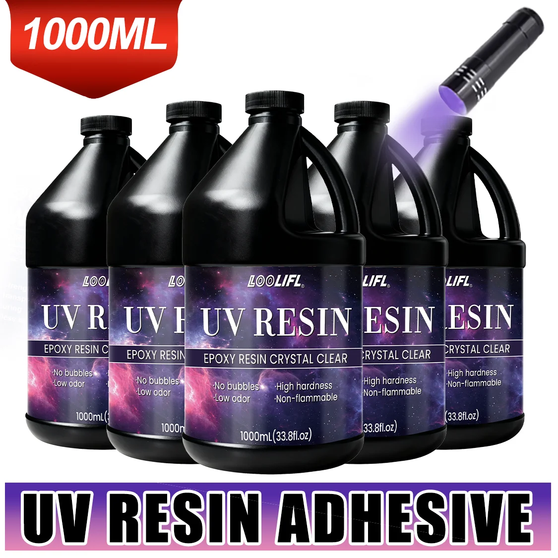 LOOLIFL 1000ML UV-Epoxidharz-Kleber DIY Schmuckherstellung Hohe Transparenz Schnelltrocknend Hohe Härte Kleber UV-Lampe DIY Handwerk Dekoration