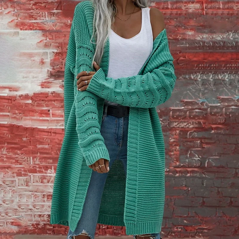 

New Women Long Sweater Jacket V-Neck Long Sleeve Cardigan Female Commute Green Clothes Autumn Winter Casual Long Knitted Outwear