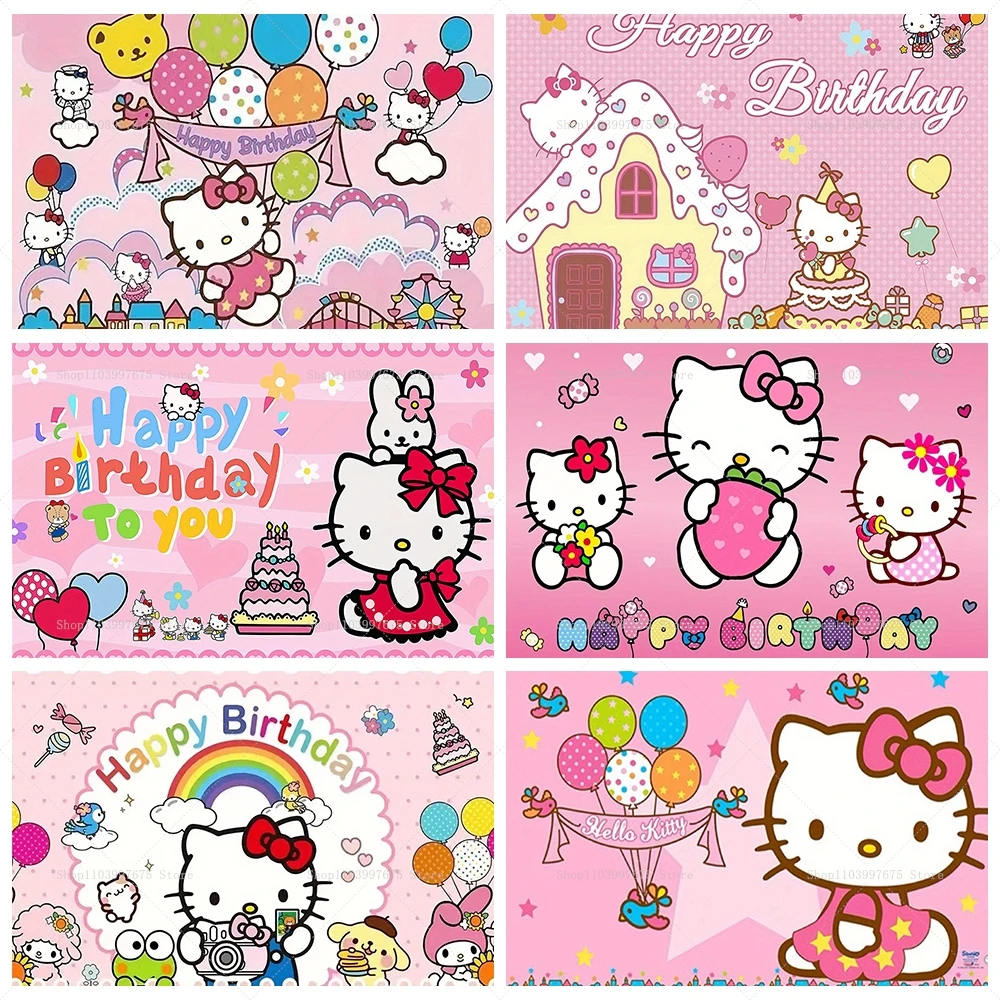 Hello Kitty Parties Backdrop Decoration Girl Kids Birthday Photography Background Cute Cats Banner Poster Photo Studio Props