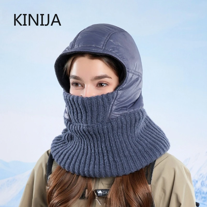 Женская зимняя цельная вязаная шапка с защитой ушей/шейи, утолщенная теплая шапка-балаклава для верховой езды, кемпинга, пешего туризма, кепка