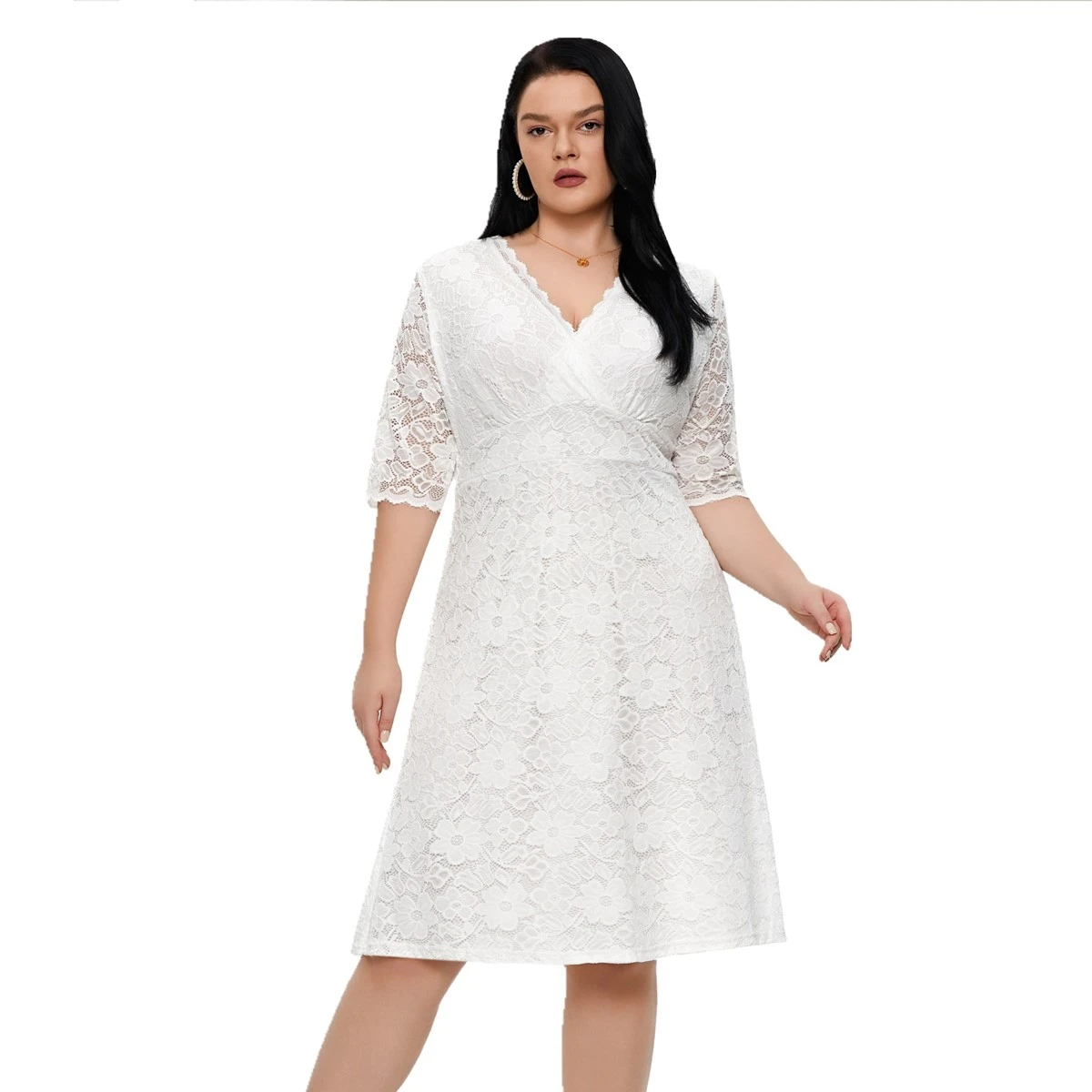 Plus Size Elegant Dress, Women's Plus Floral Jacquard Floral Trim Half Sleeve Slim Fit Wedding Event Formal Dress