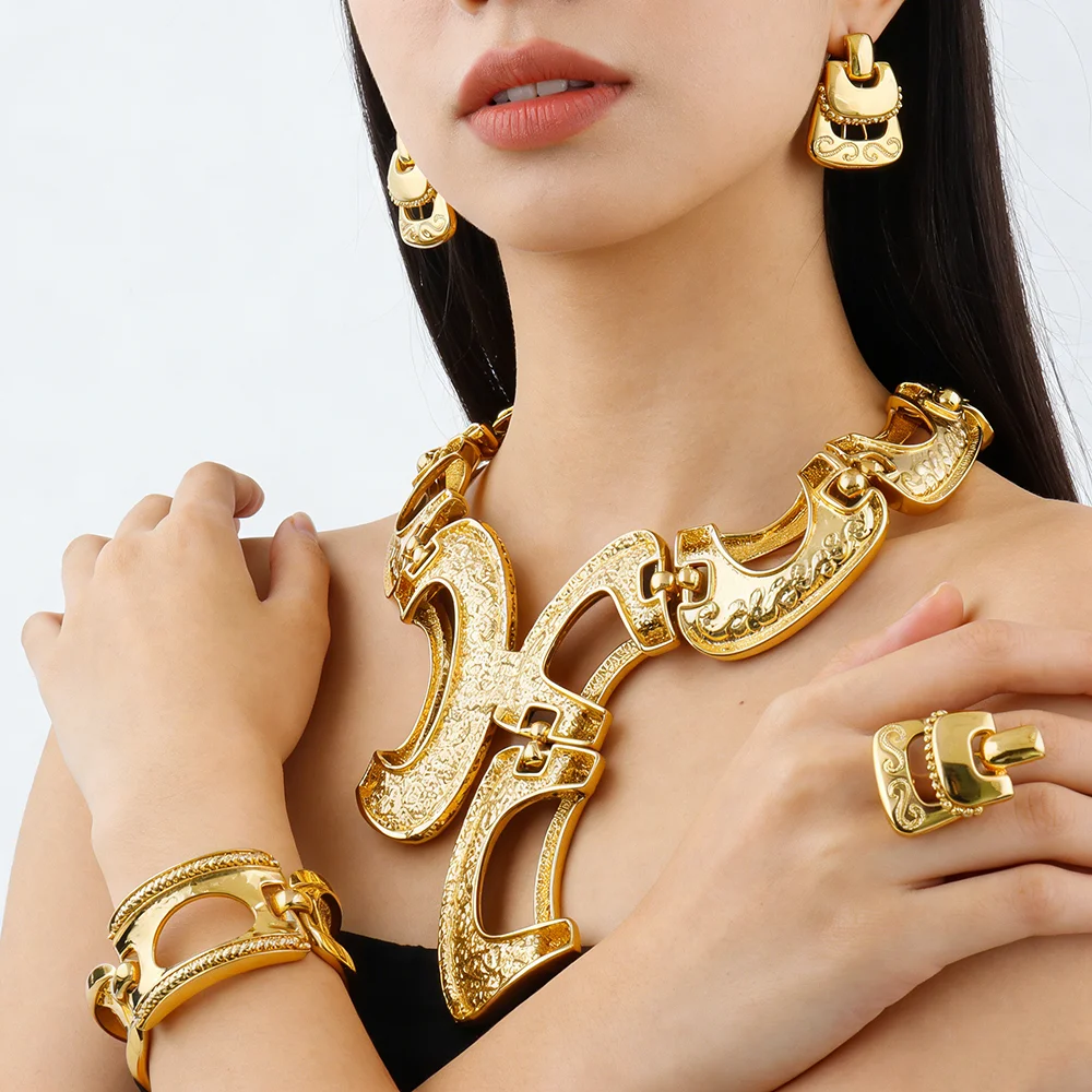 Neues Extravagantes Schmuckset Dubai Goldfarben Große Halskette Ohrringe Armband Ring Sets Brautschmuck 24k Vergoldeter Schmuck Geschenke – Detail 4