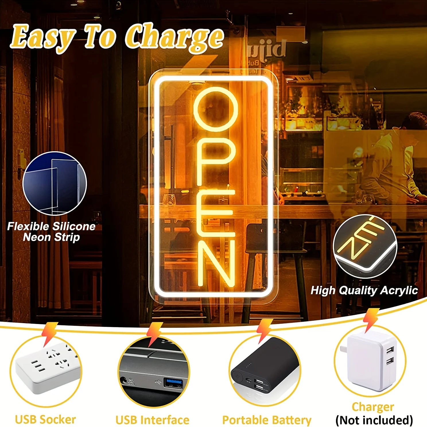 Open Neon Sign,LED Neon Sign For Club, Commercial Restaurant, Cafe, Multipurpose Decorative Wall Mounted Lights (Vertical)