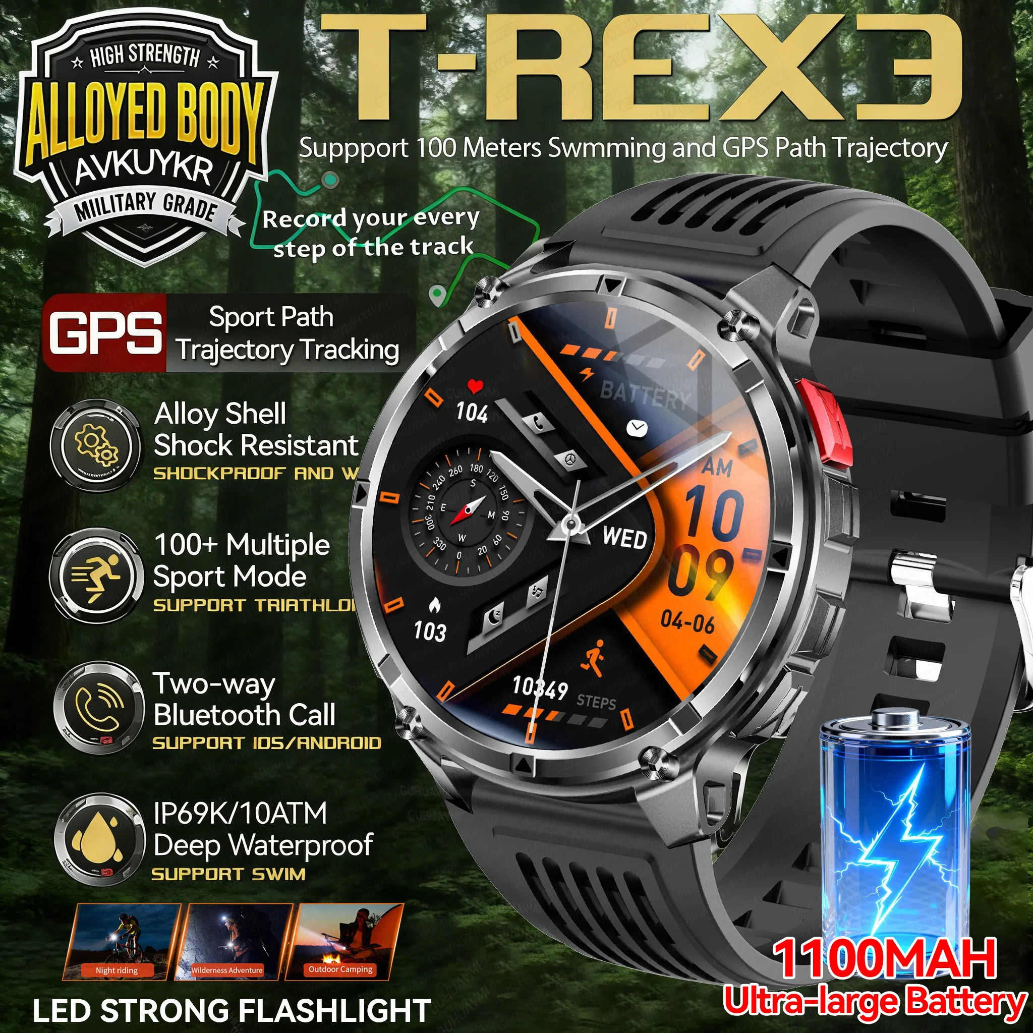 

Новые спортивные умные часы на открытом воздухе, 1100 мАч, с большой батареей, мужские 1,75 дюйма, HD AMOLED, 100+ спортивных режимов, BT-вызов, трекер здоровья, военные умные часы