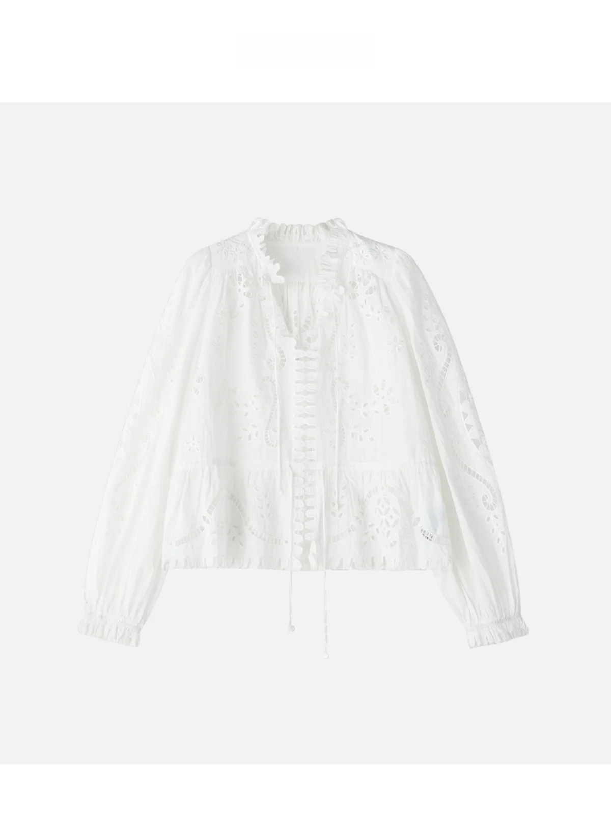 

JINGJING2024 Новая блузка из 100% хлопка с вышивкой «Лусячная лоза» и поясом, с кружевной отделкой и поясом, полая чувственная блузка