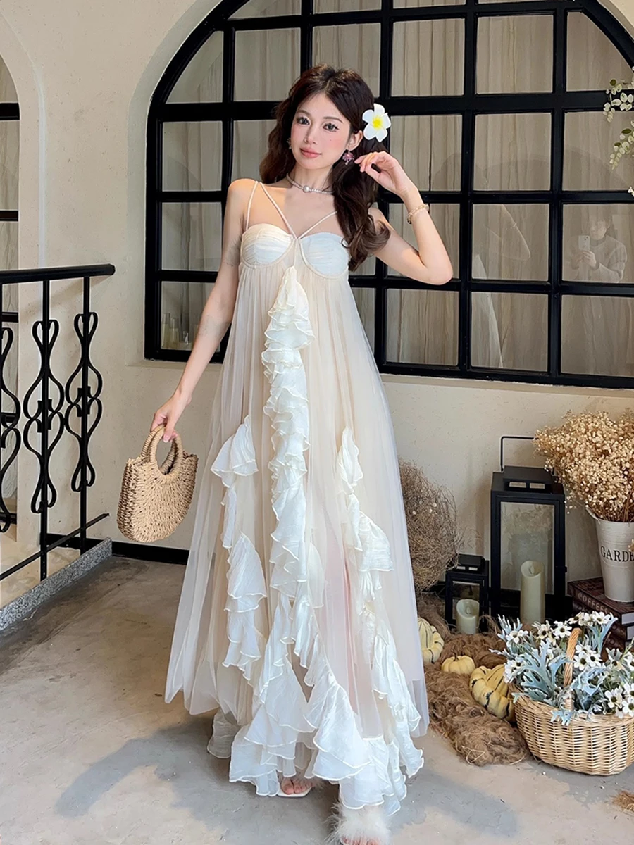 REDDACHiC femmes à volants en mousseline de soie robe de soirée Corset Camisole sans manches une pièce Maxi longue robe princesse mariage vêtements d'été