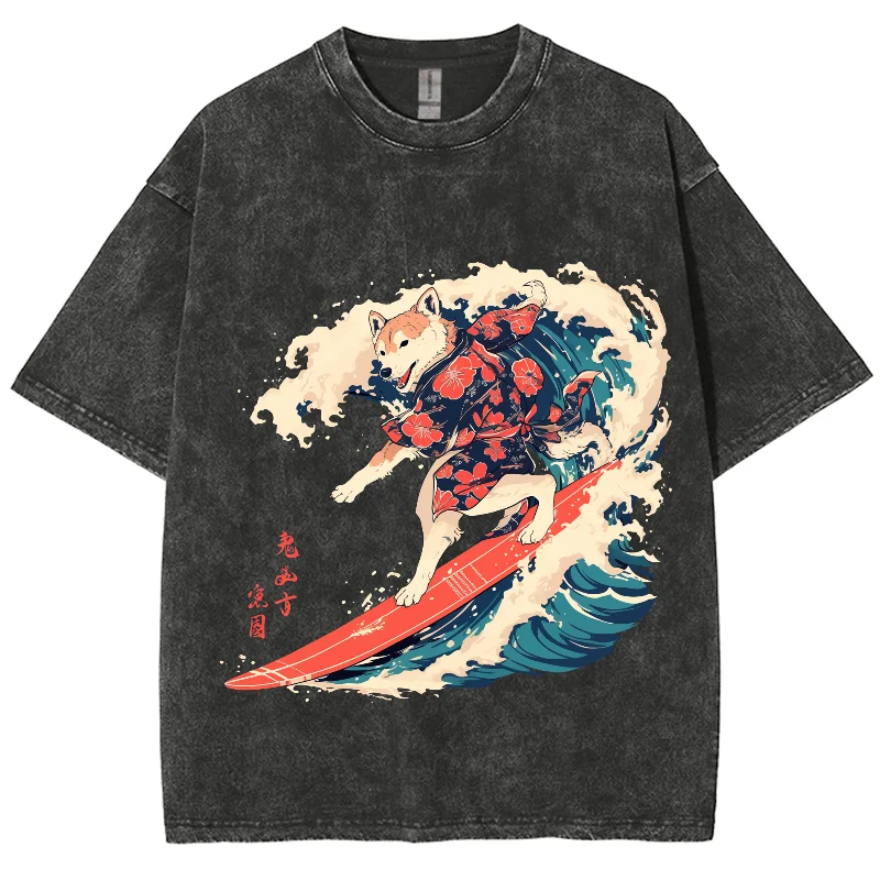 Anime Y2K Washed T Shirt, Dog Surfing Sea Wave Ukiyoe Style, Oversized Vintage Summer Streetwear Washed T-shirts For Men Women