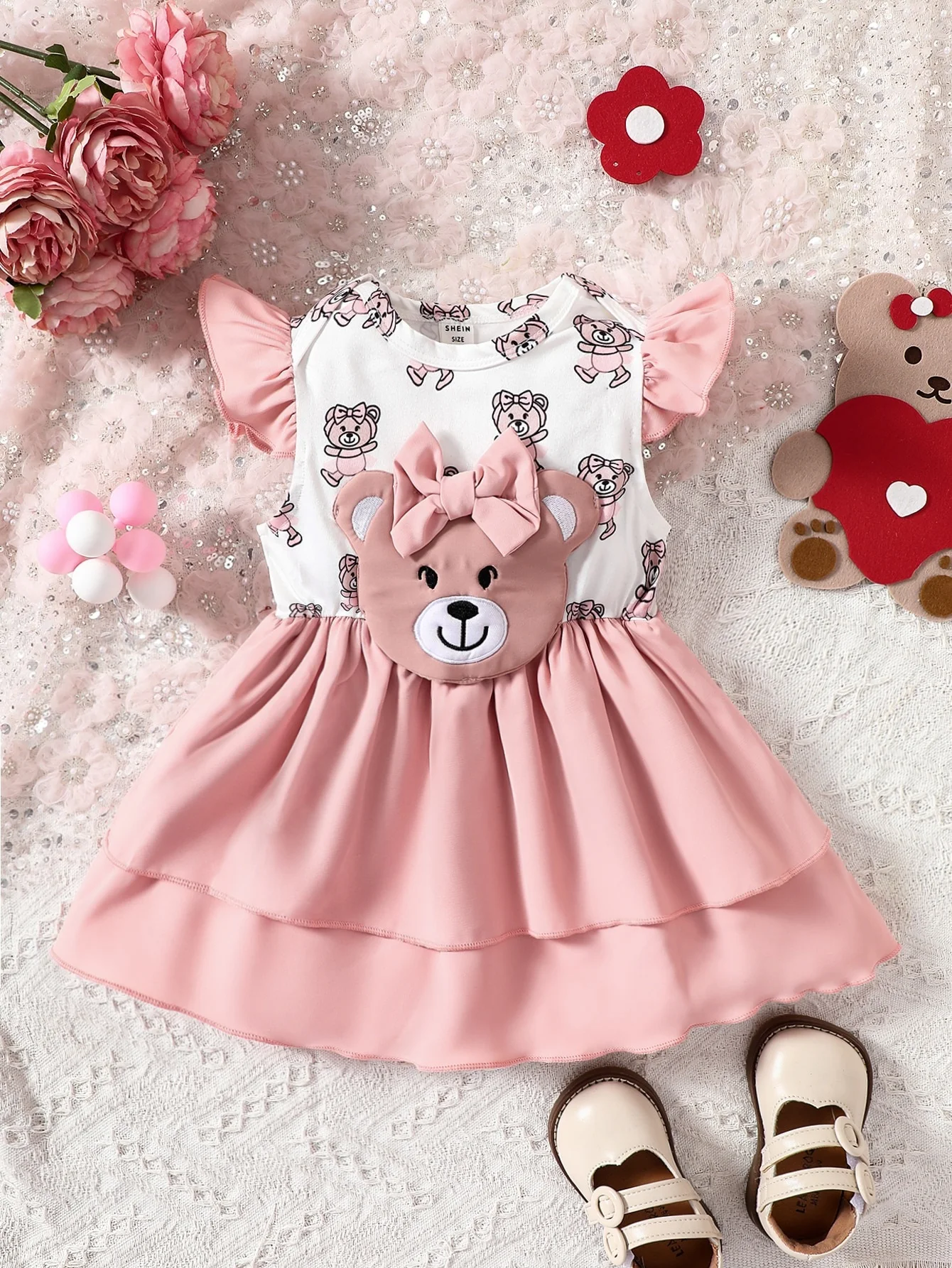 0-2 Years Old Spring And Summer New Round Neck Flutter Sleeve Bear Baby Baby Girl Baby Fashion Cute Foreign Dress