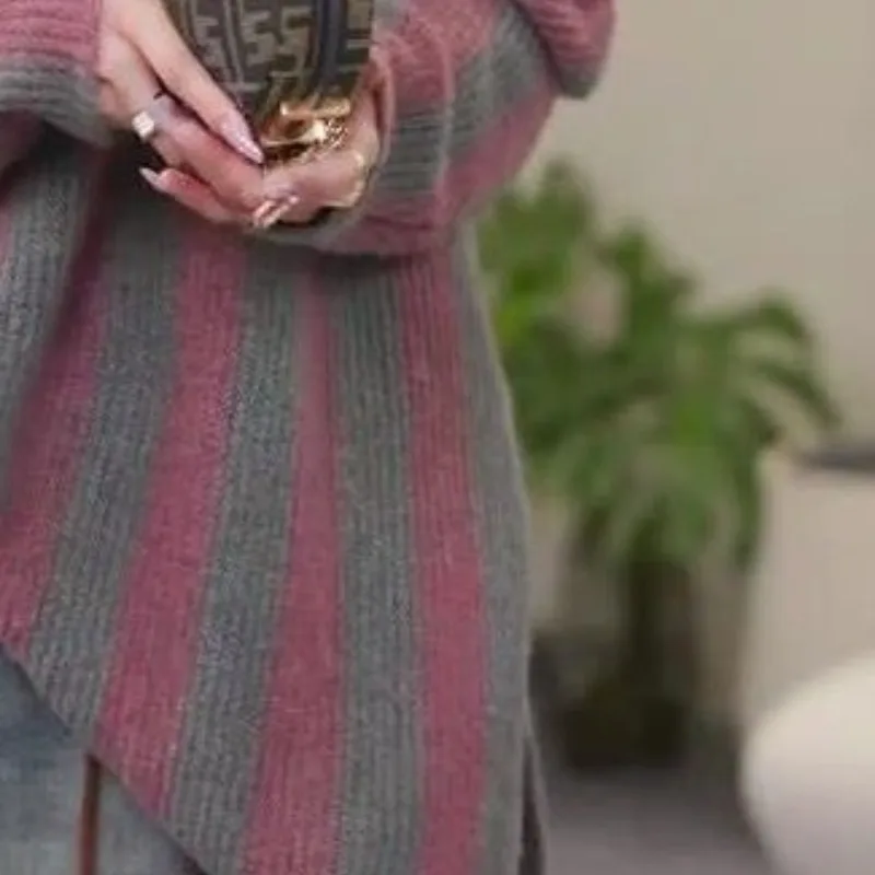 Women's Autumn and Winter New Fashion Elegant Contrast Color Pullover Stripe Long Sleeve Loose Relaxed Commuter Sweater Tops