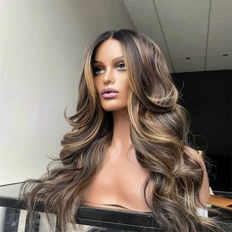 

28 Inches Long Body Wave Wig 13X4 Ombre Brown Highlight with Honey Blonde Lace Front Synthetic Premium Fibre Heat Resistant Wig