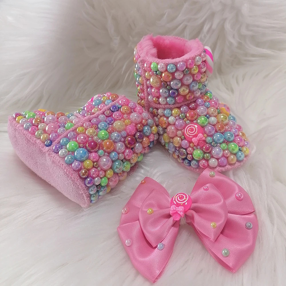 Handmade Bow Hairband Rhinestones Baby Girl Snow Boots Winter Shoes Comb First Walker Sparkle Bling Crystal Princess Shower Gift