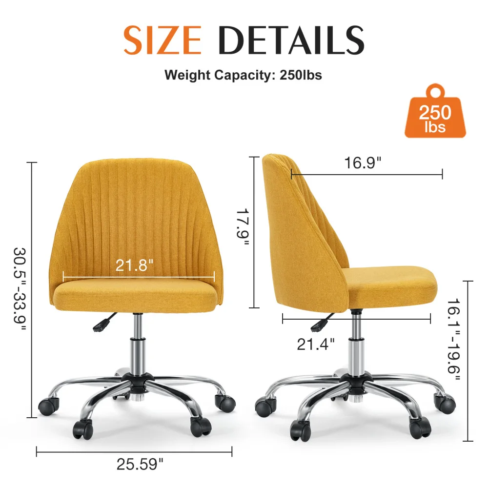 Armless Office Desk Chair, Modern Fabric Home Chairs with Wheels Adjustable Swivel Task Computer Vanity Chair for Small Spaces