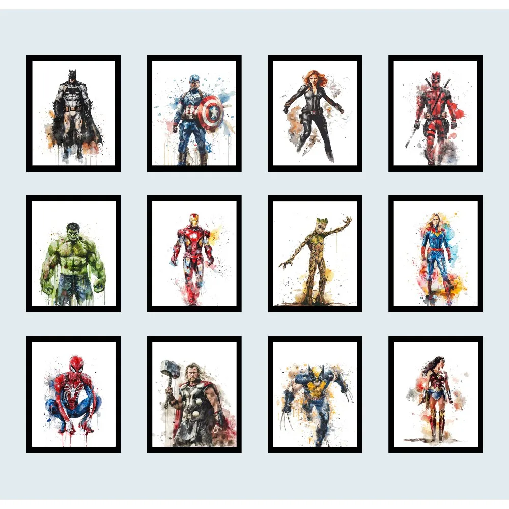 Aquarell Marvel Avengers Druckbares Spider-Man Hulk Iron Man Poster Superheld Avengers Wandkunstdruck Geschenk Jungen Mädchen Zimmer