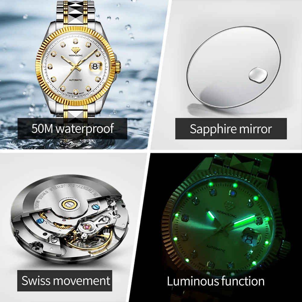 WEIBAOLONG 3802 ساعة ماسية حقيقية للرجال سويسرية أصلية ساعة ميكانيكية أوتوماتيكية مقاومة للماء ساعات رجالية مضيئة