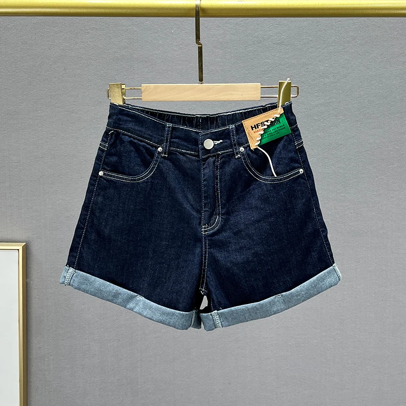 

High Waist Slimming Blue Jeans Shorts Women's Summer Fashion Elastic Waist Straight Leg Short Pants Turn up Hem Deep Blue Jeans