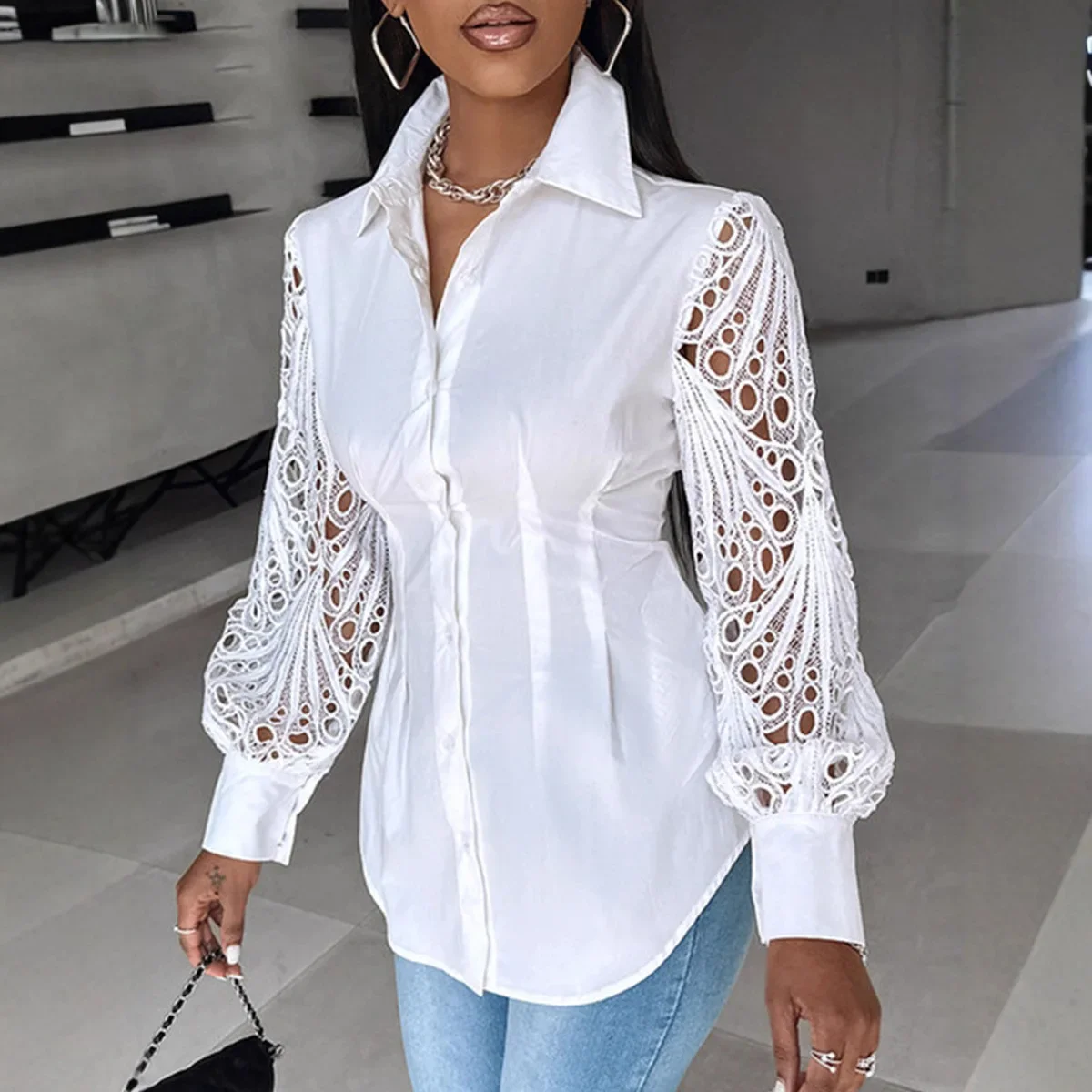 

MORODER 2025, осеннее новое поступление: уникальная трендовая лоскутная неэластичная сексуальная блузка с длинными рукавами для женщин