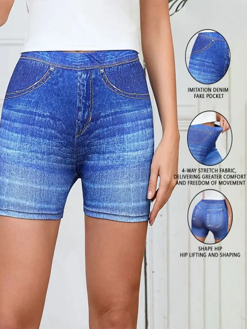 AliExpress NONE Denim Print Leggings Shorts for Women High Waist Stretchy Yoga Shorts Casual Workout Fitness Running Cycling Shorts for Summer