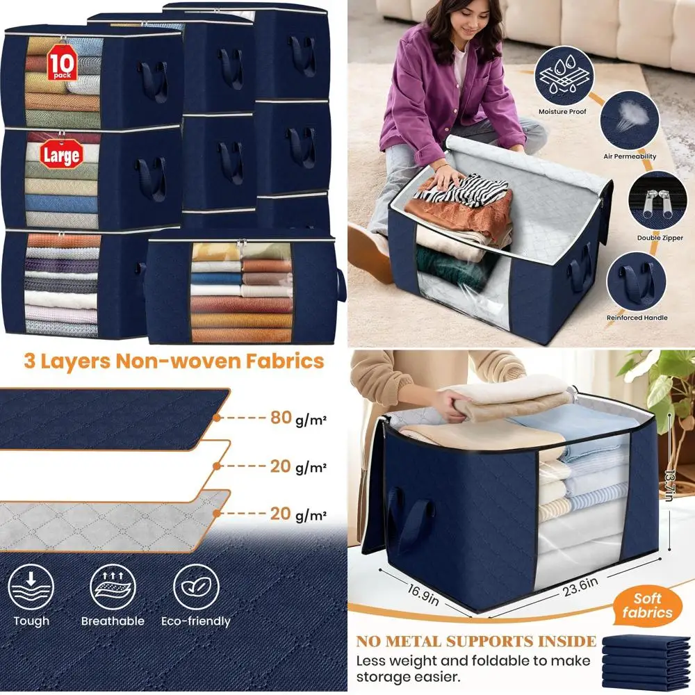 

10-Pack Blue Thick Fabric Blanket Storage Bags with Handles for Organizing Clothes, Bedding, and Closets