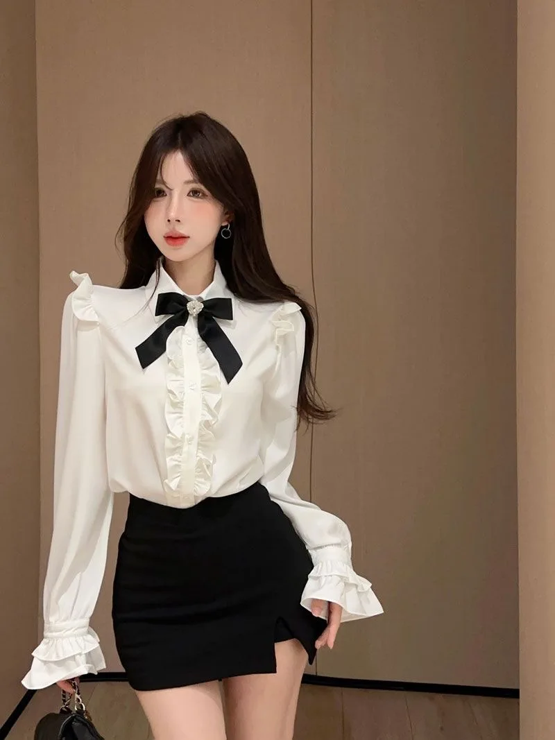 New 2024 Spring Autumn Long Sleeved White Shirt Women's Ruffled Cuffs Ladies Elegant Top Ruffled Blouse Undershirt Uniform Top