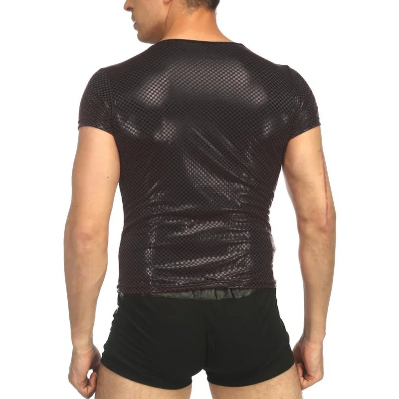 طاقم الرقبة تي شيرت بلايز سترة العضلات زي ملهى ليلي ارتداء كلوبوير حفلة قصيرة الأكمام سليم صالح براءات الاختراع والجلود