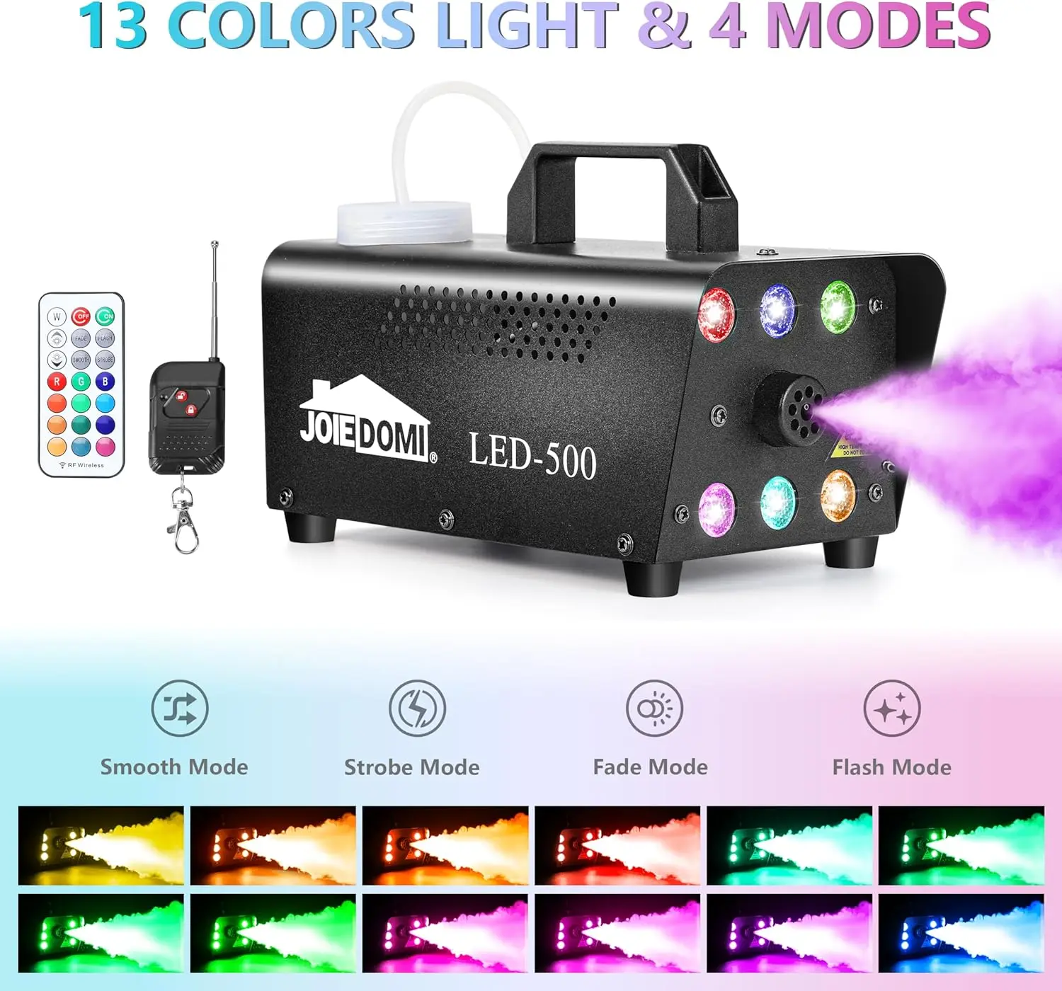 ماكينة ضباب الهالوين JOYFY مع ماكينة دخان بقدرة 13 لونًا بقدرة 500 وات مع 4 أوضاع إضاءة وجهاز تحكم عن بعد لاسلكي لتزيين الحفلات #2