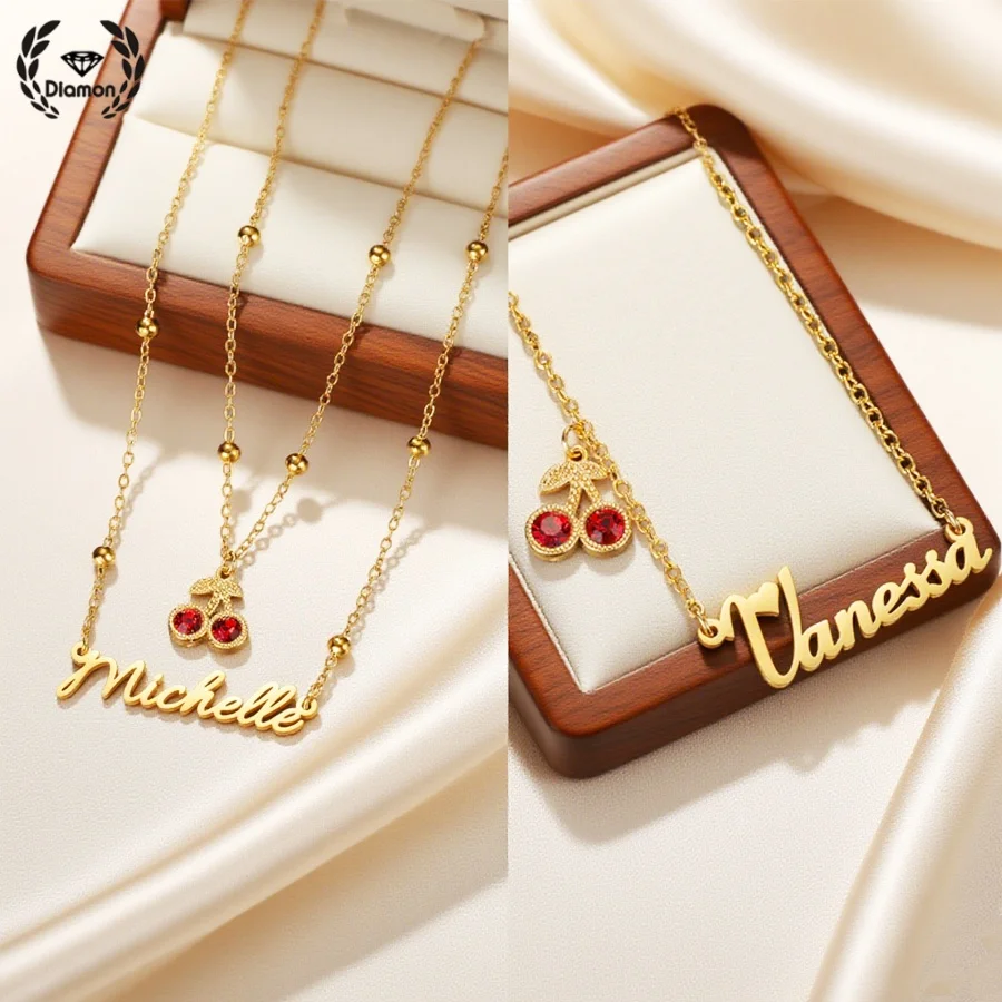 

Diamon Custom Name Zircon Cherry Necklace Stainless Steel Pendant Personalized Jewelry Gift for Women Delicate Fruit Charm