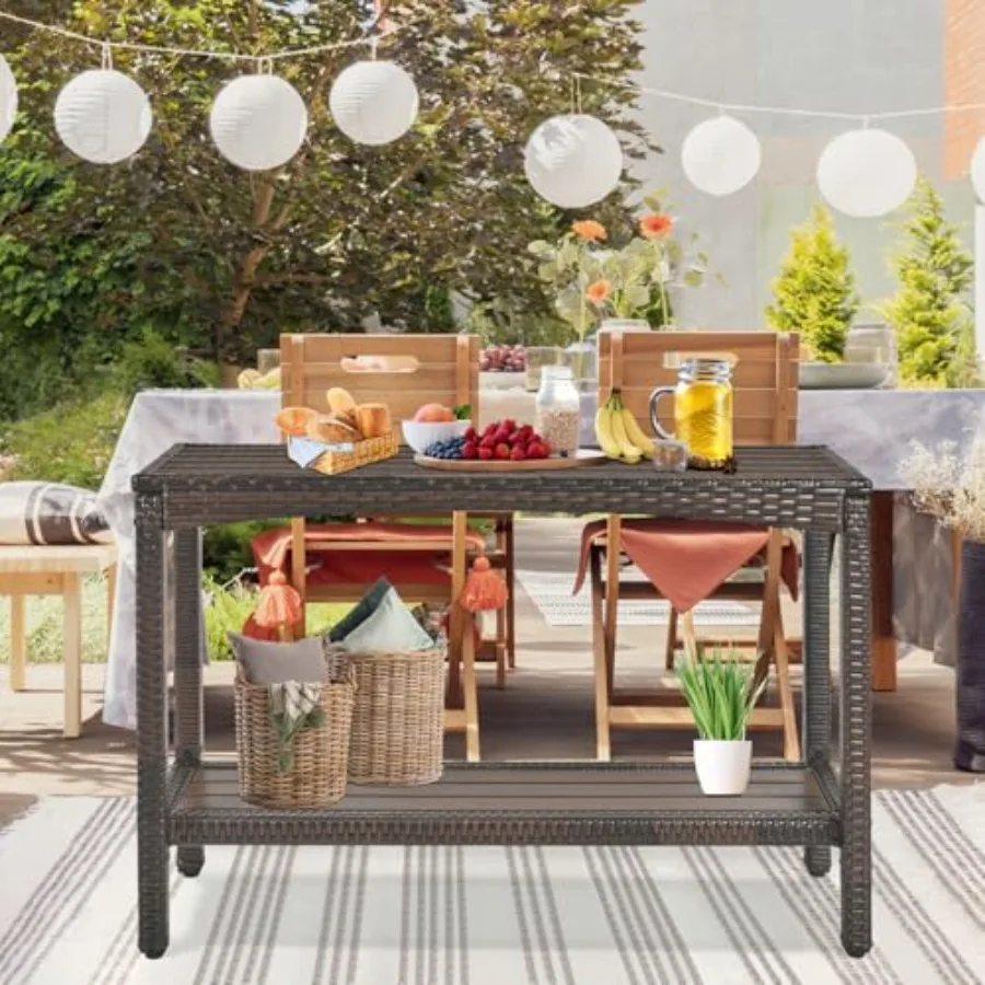 Outdoor console table for patio buffet and bar storage, wicker material, natural brown color, 55-inch long narrow tall rectangl