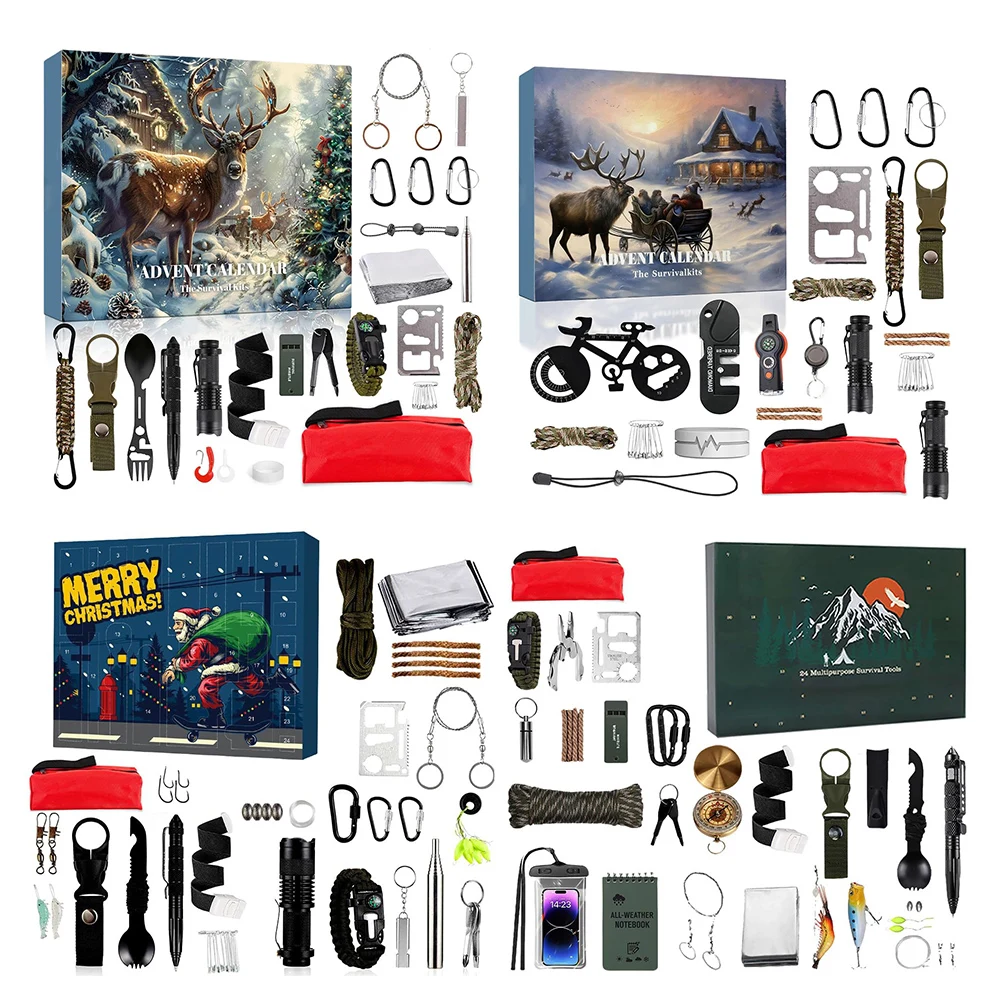 24 Day Christmas Countdown Survival Kit for Men Adult with Cool Gadgets Survival Kit Advent Calendar for Outdoor Camping Fishing