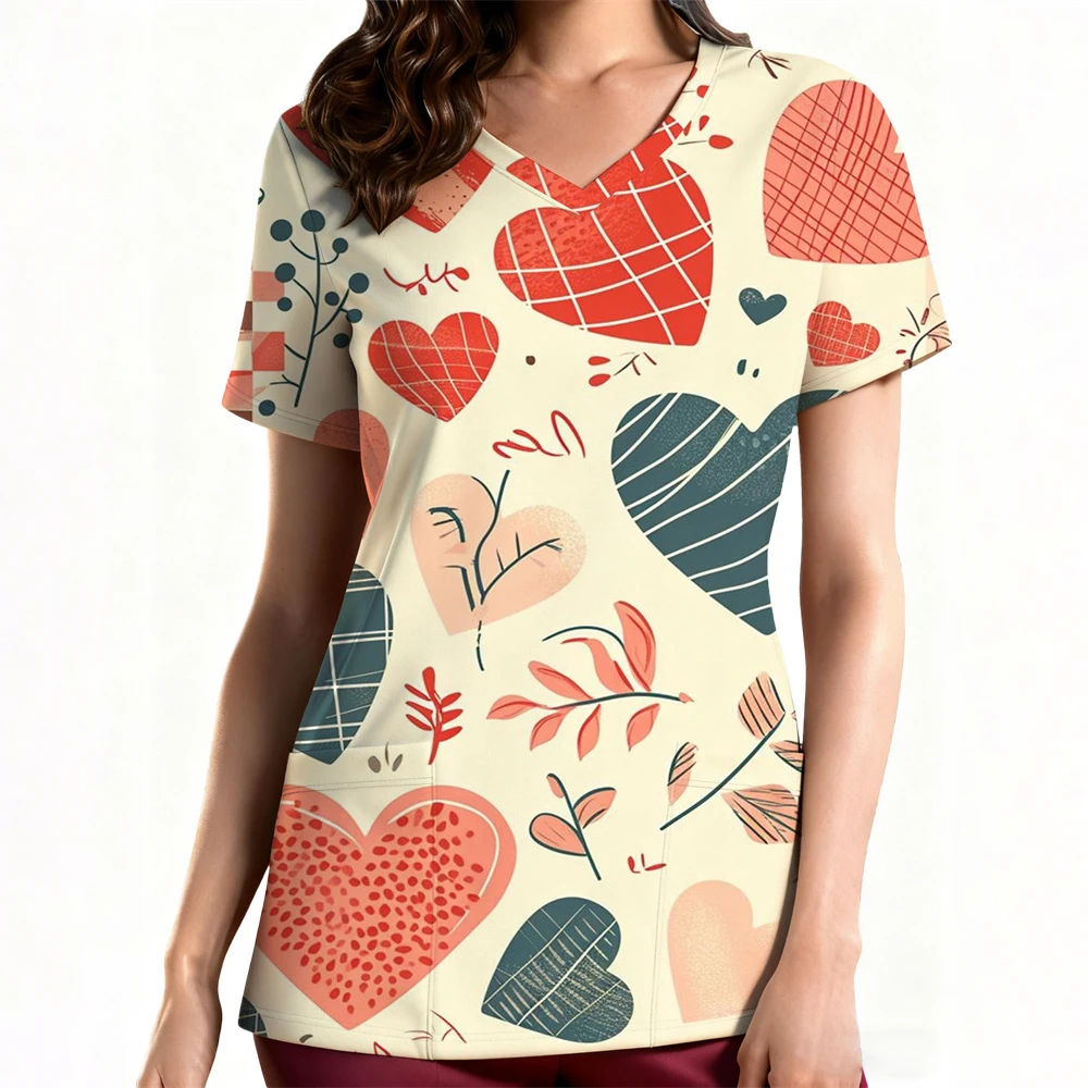 여성용 클리닉 유니폼 우아한 하트 프린트 헬스케어 스크럽 유니폼 트렌드 V넥 반팔 치과 간호 유니폼