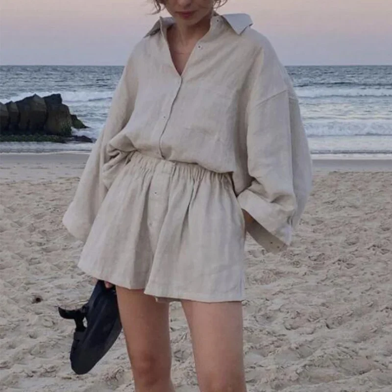 Oversized Summer Casual Linen Solid Shorts Women Set Loose Single-breasted Shirt and Elastic Waist Trousers Ladies 2 Pieces Sets