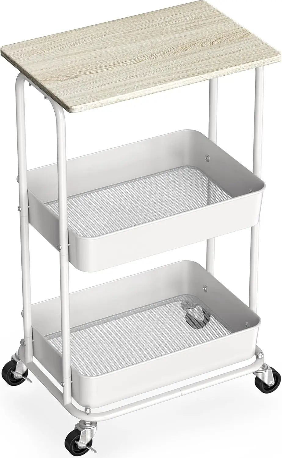 

2-Tier Rolling Utility Cart with Lockable Wheels and Wood Top, Metal Storage Trolley for Kitchen, Bathroom, Office