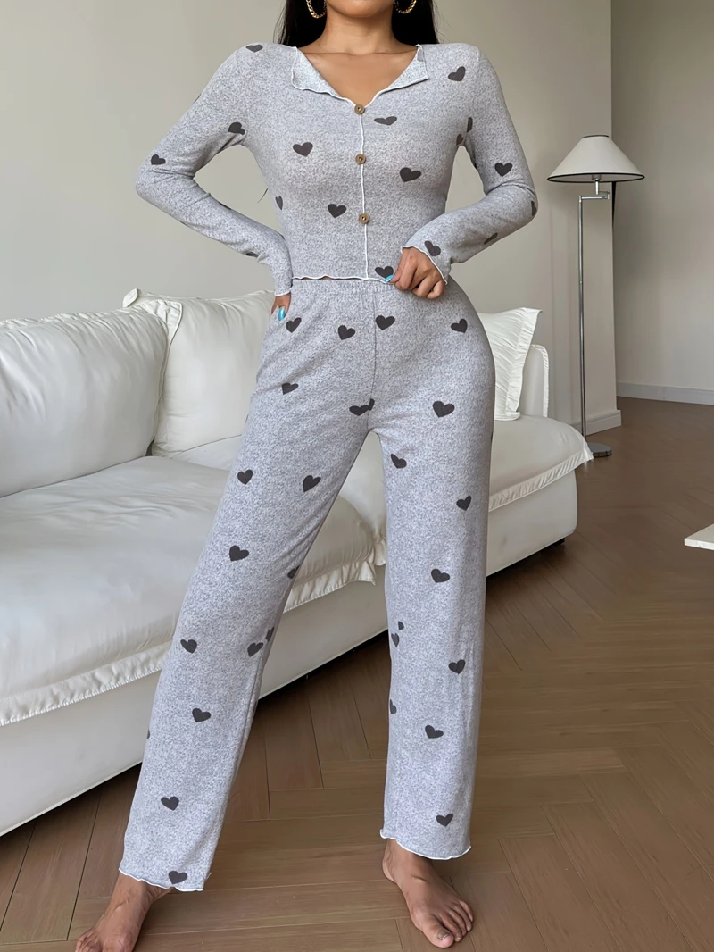 

Soft Heart Print Home Suit Set Short Sleeve Lapel Top And Long Pants Sleek Fit Fabric For Women's Cozy Sleepwear Nightwear Pjs