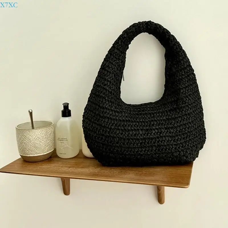 

X7XC Woven Handbag Zippered Beach Bag Top Handle Bags for Women with a Natural Look