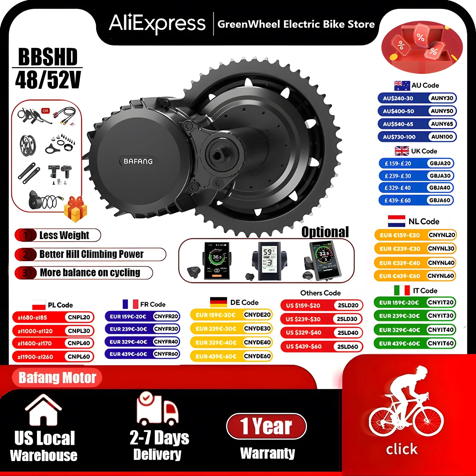 Bafang 48V 52V 1000W Mid Drive Motor BBSHD BBS03 EBike Kits BB 68/100mm Powerful Bicycle Engine Electric Bike Conversion Kit