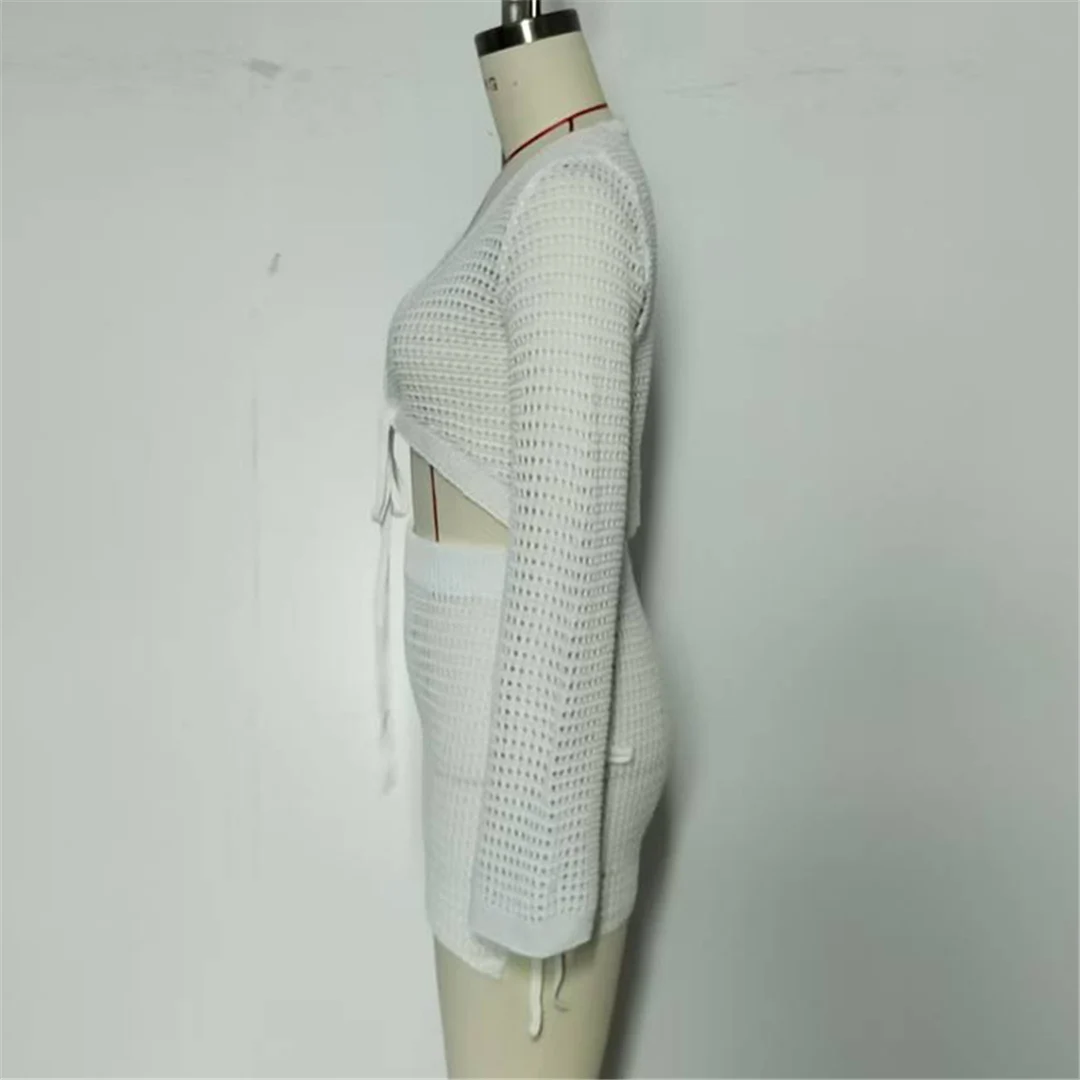 V-Ausschnitt, lange Ärmel, gehäkeltes Strickmuster, zweiteiliger Anzug, Strandkleid, Strandüberwurf, Strandmode, Damen, V6490 – Detail 15