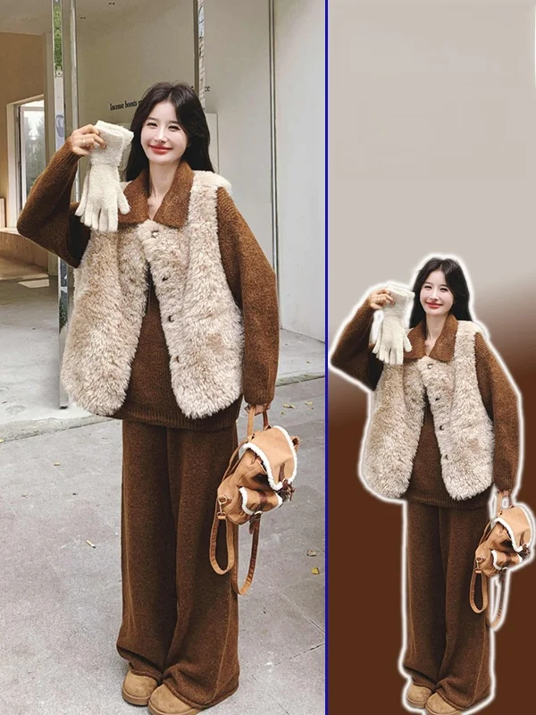 

Свободный вязаный жилет и брюки с широкими штанинами, комплект из трех предметов, корейский стиль, модный образ для женщин больших размеров.