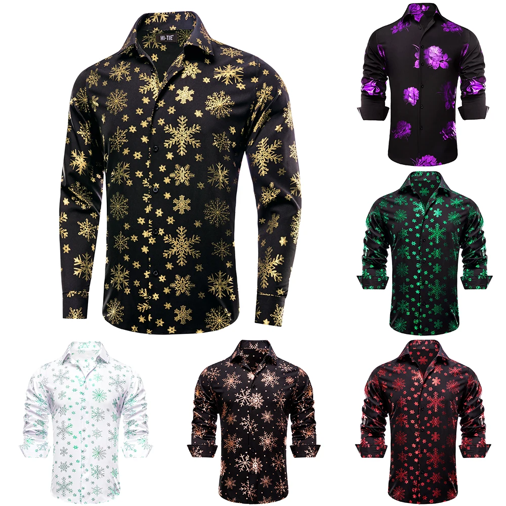 Black Yellow Silk Mens Shirts Christmas Long Sleeve Lapel Spring Autumn Shirt Slim Fit Blouse for Male Designer Business Hi-Tie