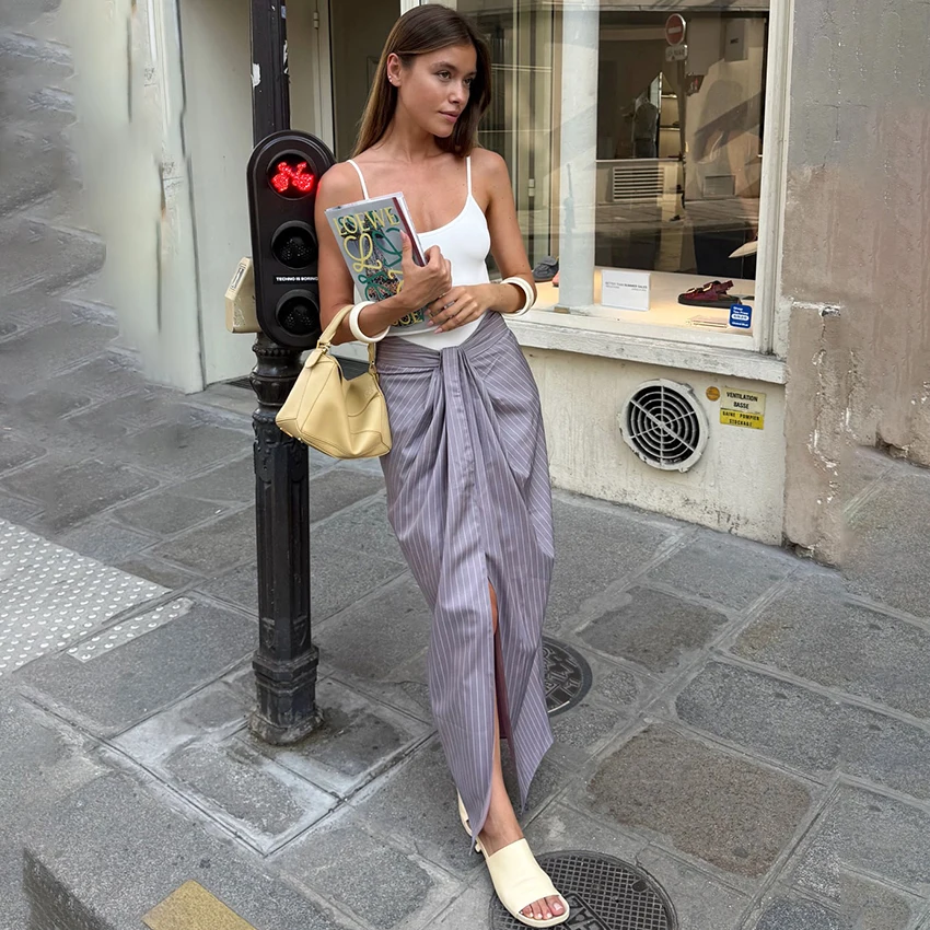

Linad Street Chic Purple Stripe Long Skirts 2025 Elegant Irregular Split Skirt Female Casual High Waist Pleated Skirts For Woman