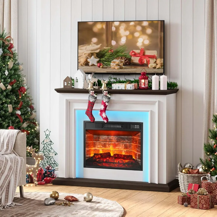 

44 Inches LED Lights Electric Fireplace with Mantel Tall Freestanding Fireplace Heater featuring Delicate ThreeDimensional Mold