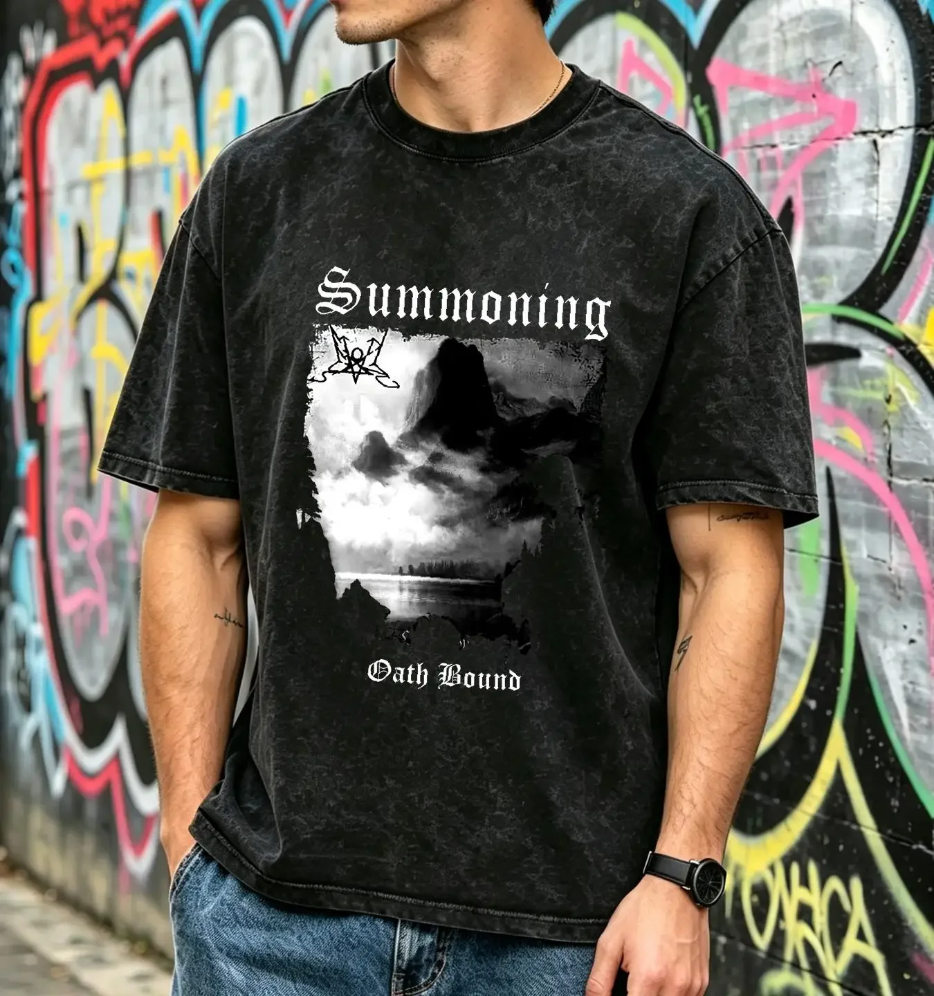 washed T Shirt Summoning Oath Bound BLACK metal band long sleeves vintage Washed Breathable designer clothes fashion Unisex