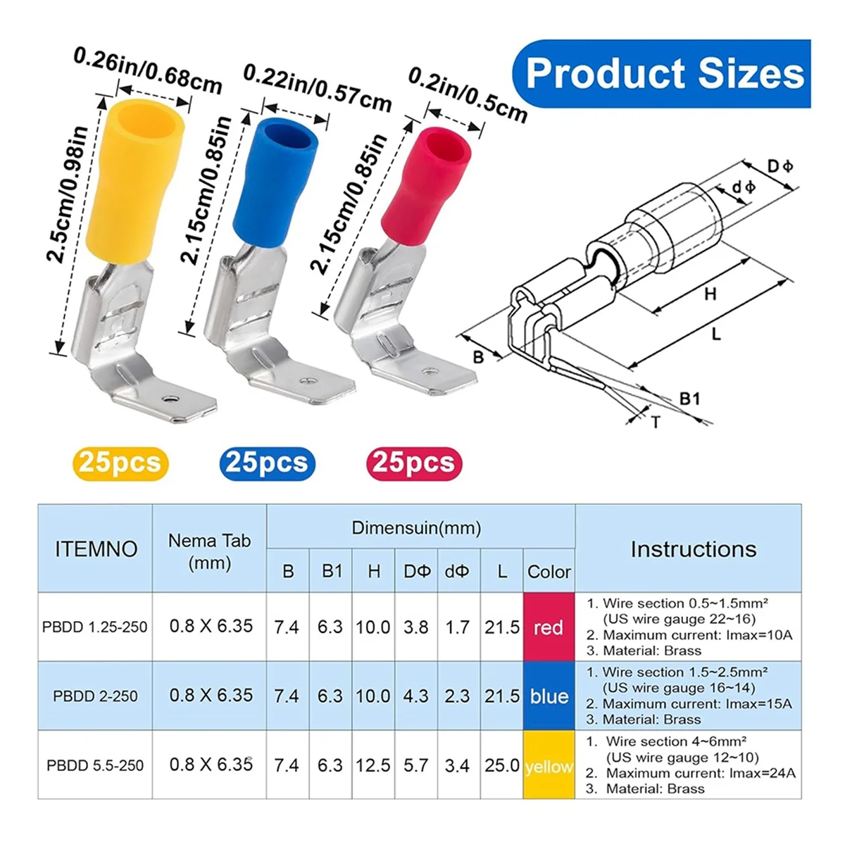 A78I 75pcs Semi-Insulated Piggyback Spade Connectors, Quick Disconnect Piggyback Spade Assortment Kit, Female/Male 22-10 AWG