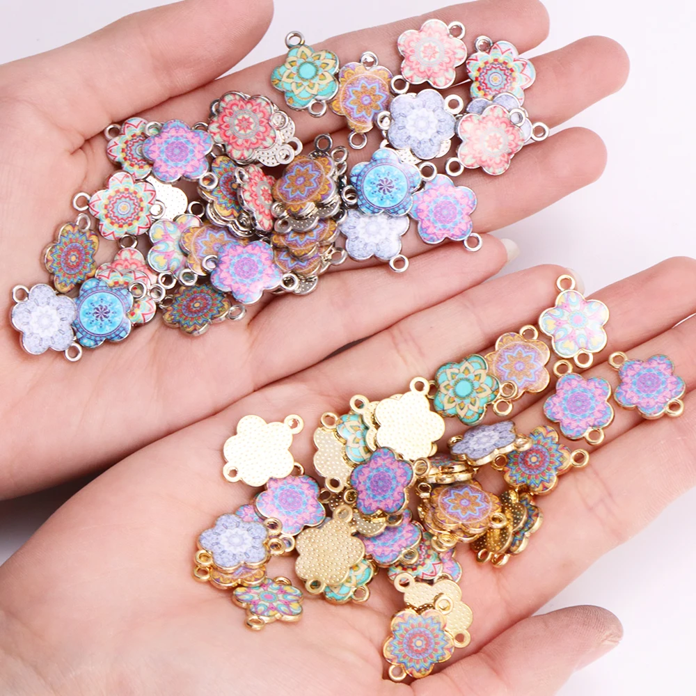 10Pcs Gold/Silver Colour Alloy Drop Oil Colourful Enamel Flowers Connector For Jewellery Making Diy Necklace Bracelet Accessorie