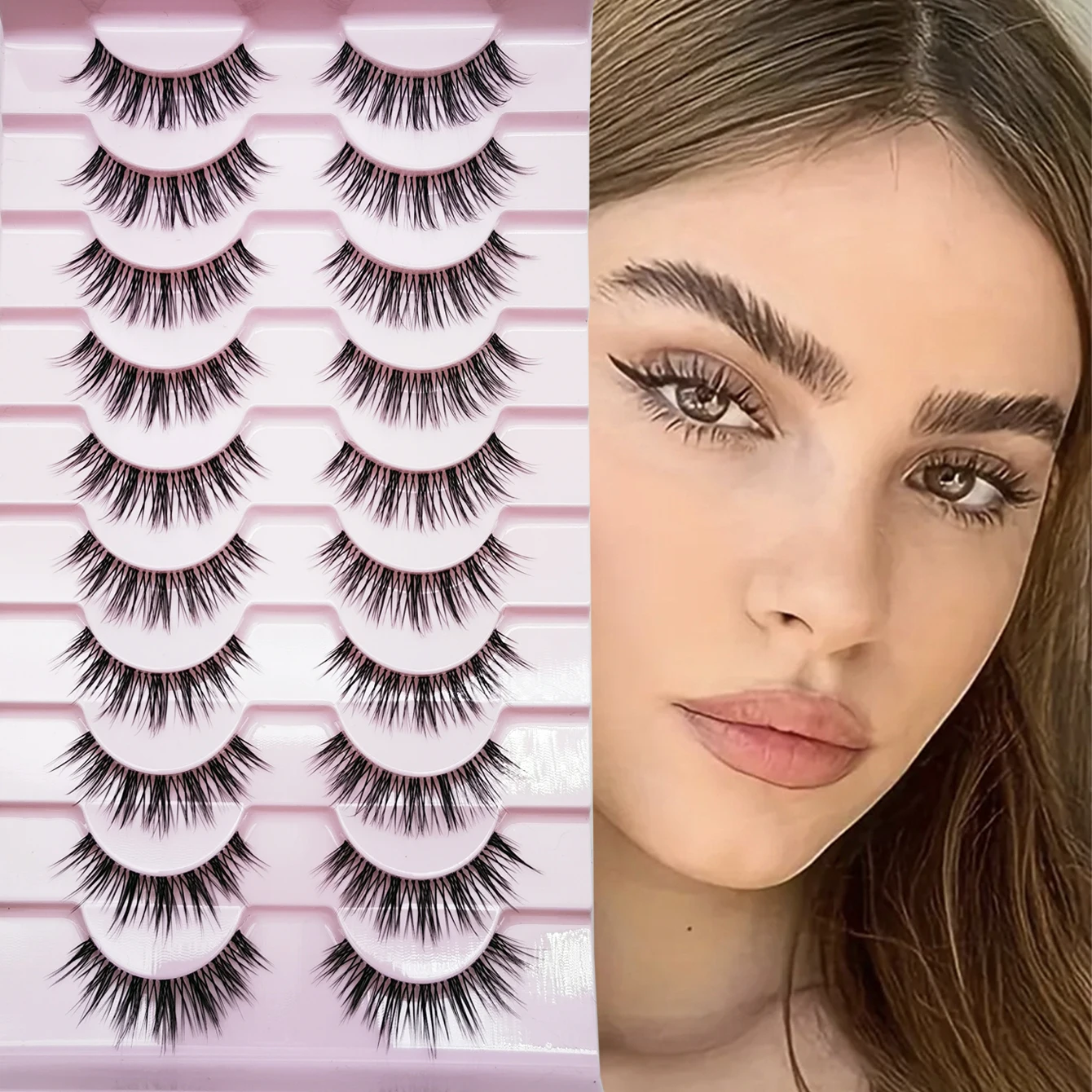 10 pares de pestañas postizas 3D de hada cómica con apariencia natural, pestañas de banda transparente adecuadas para maquillaje diario de fiesta