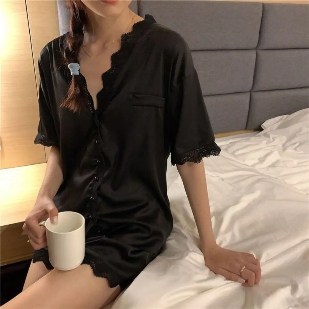

Fashion Ice Silk Lace Pajama Suit Short-sleeve Loose Sweet Short Pajamas V Neck Women Sleepwear Two Pieces Sleepwear Sets Home