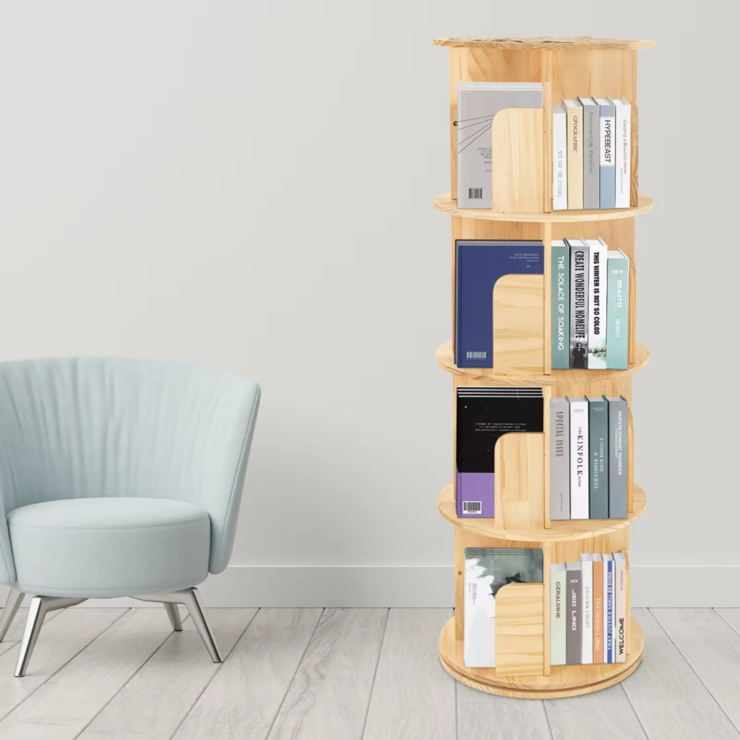 Rotating Bookshelf 4 Tier Floor Standing Bookcase  Rack  &Adults Solid Wood Bookshelf Organizer 16 Compartments Pink hangers Bra