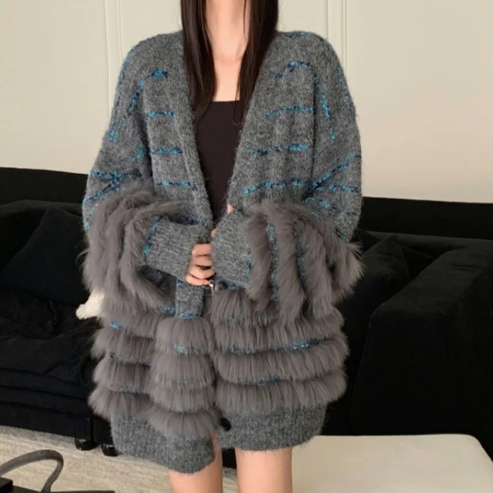 

SuperAen Striped Knitted Cardigan Women's Korean Loose Sweater Loose Style Top Jacket